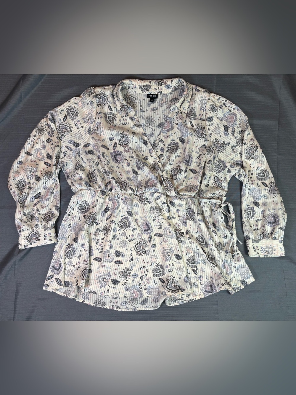 Torrid 3X Floral Faux Wrap Blouse Plus Size Long Sleeve Tie Waist Top